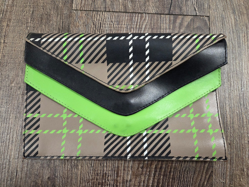 Baekgaard Black Neon Bright Green Beige Plaid Triple Envelope Clutch Wallet